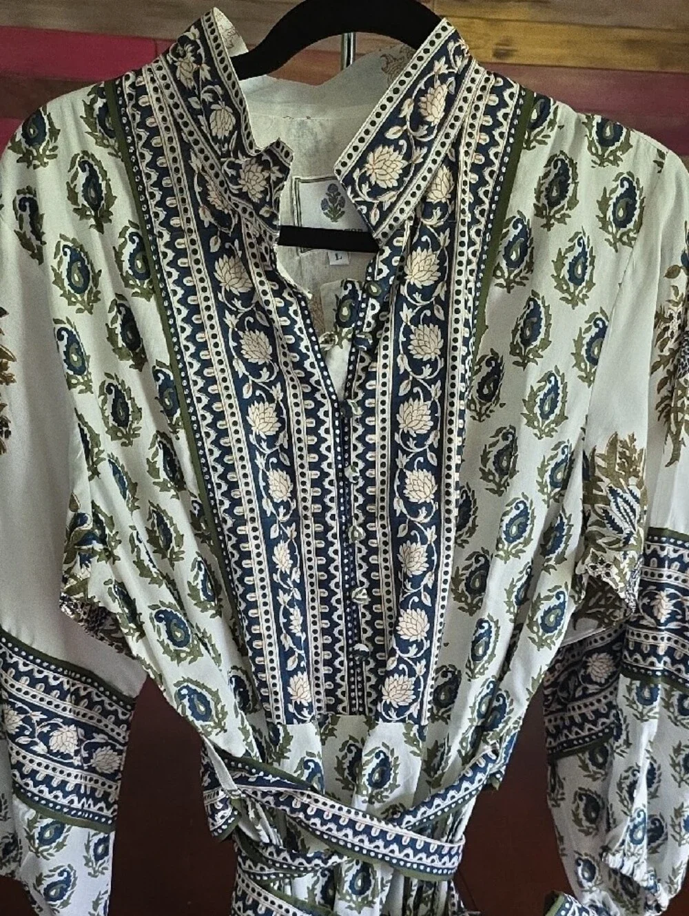 Long Sleeve Printed Tie-Waist Maxi Dress in Cream and Navy - Picture 2 of 7